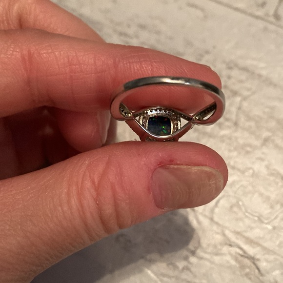 Square Lab Created Midnight Fire Opal & Faux Diamond Ring Silver Tone Band - Picture 4 of 6